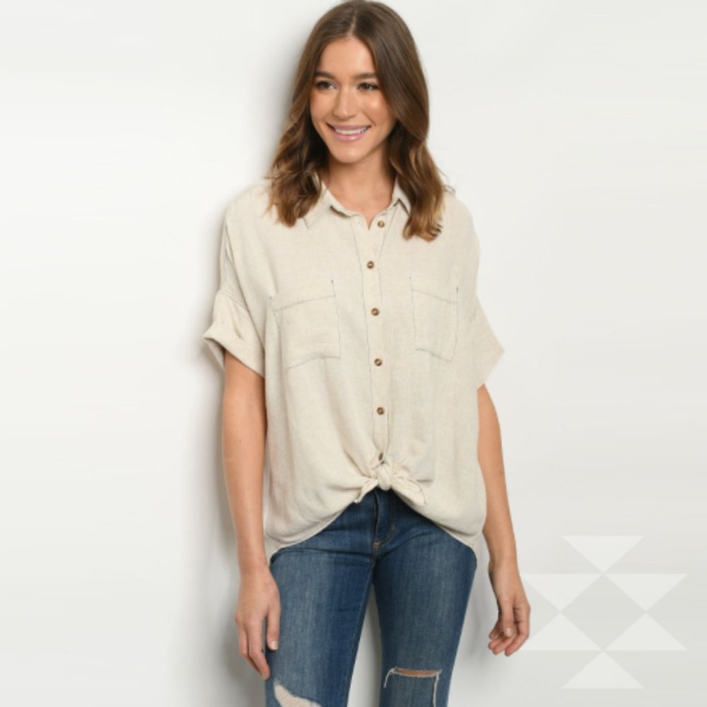 Linen Look Blouse Top Loose Fit Short Sleeve  NWT